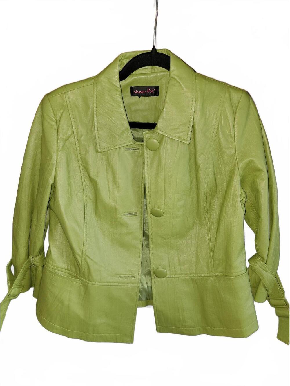 Shape FX Women's Green Leather Jacket with Button Closure and Belted Sleeves S/M
